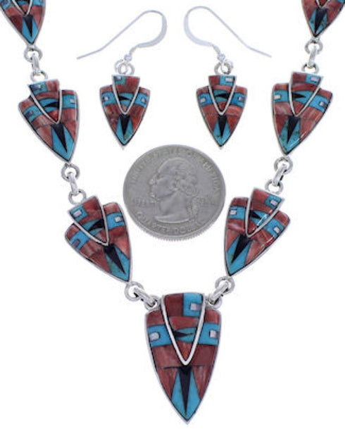 Sterling Silver Multicolor Inlay Link Necklace Earrings Set PX36957